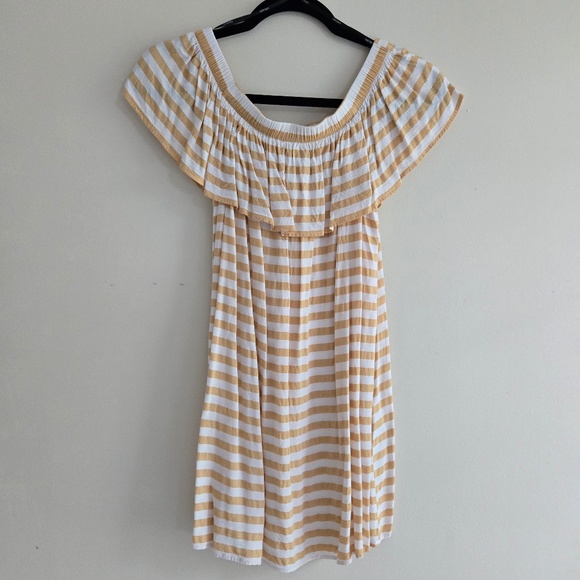 Forever 21 Dresses & Skirts - Beige/ Yellowish & White Striped Off-Shoulder A-Line Dress